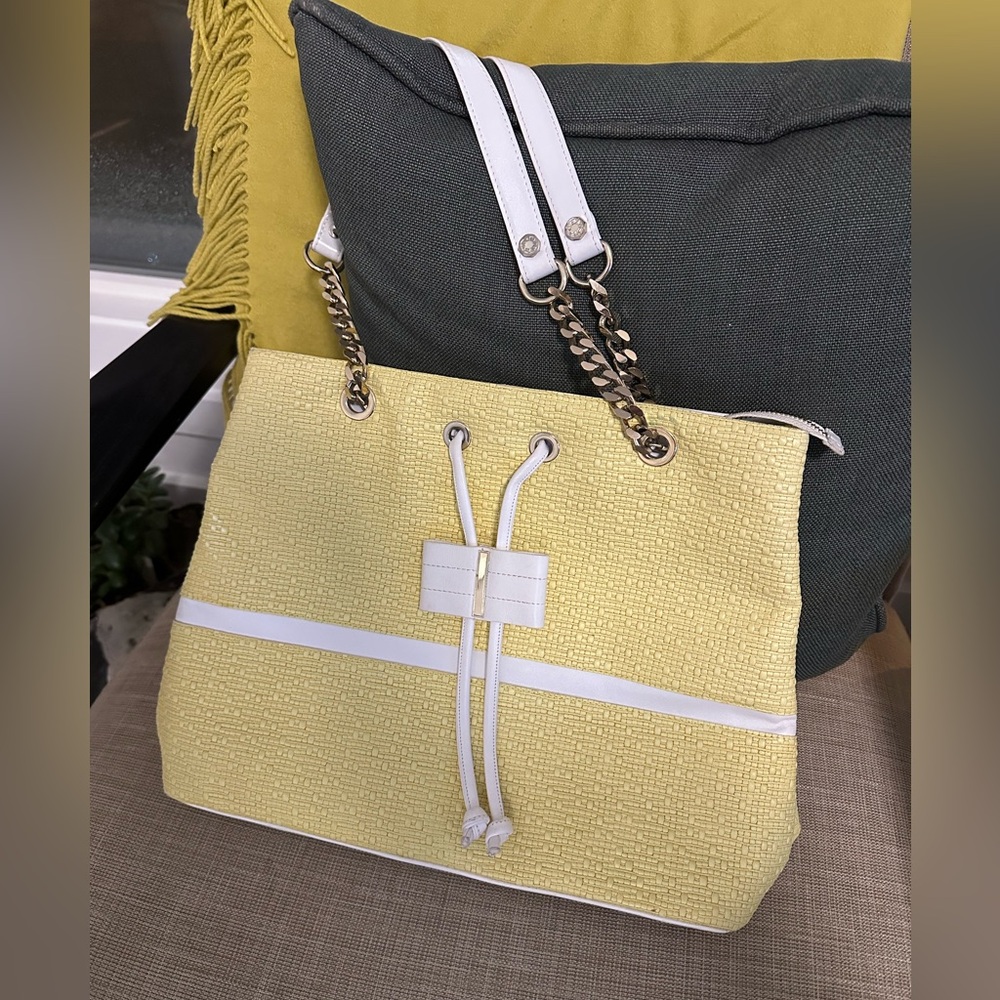Carlo Pazolini Yellow & White Summer Leather Satchel like braided design, medium